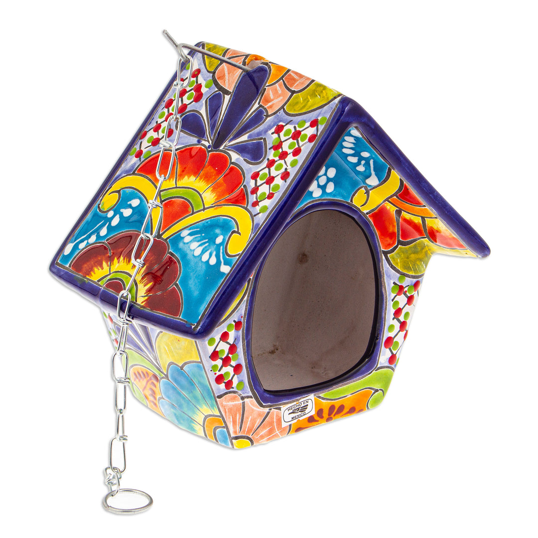 Hand-Painted Talavera Ceramic Bird Feeder in Blue Hues - Blue Arcadia