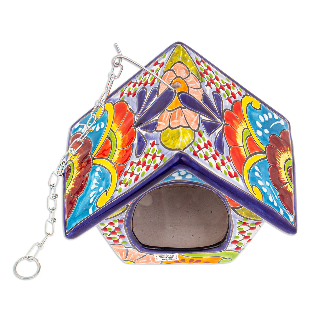 Hand-Painted Talavera Ceramic Bird Feeder in Blue Hues - Blue Arcadia