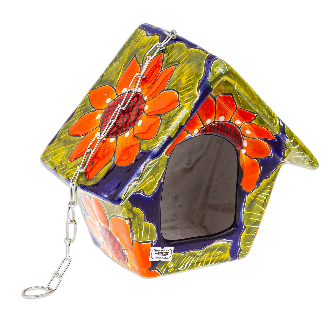 Hand-Painted Talavera Ceramic Bird Feeder in Green and Blue - Lime Arcadia