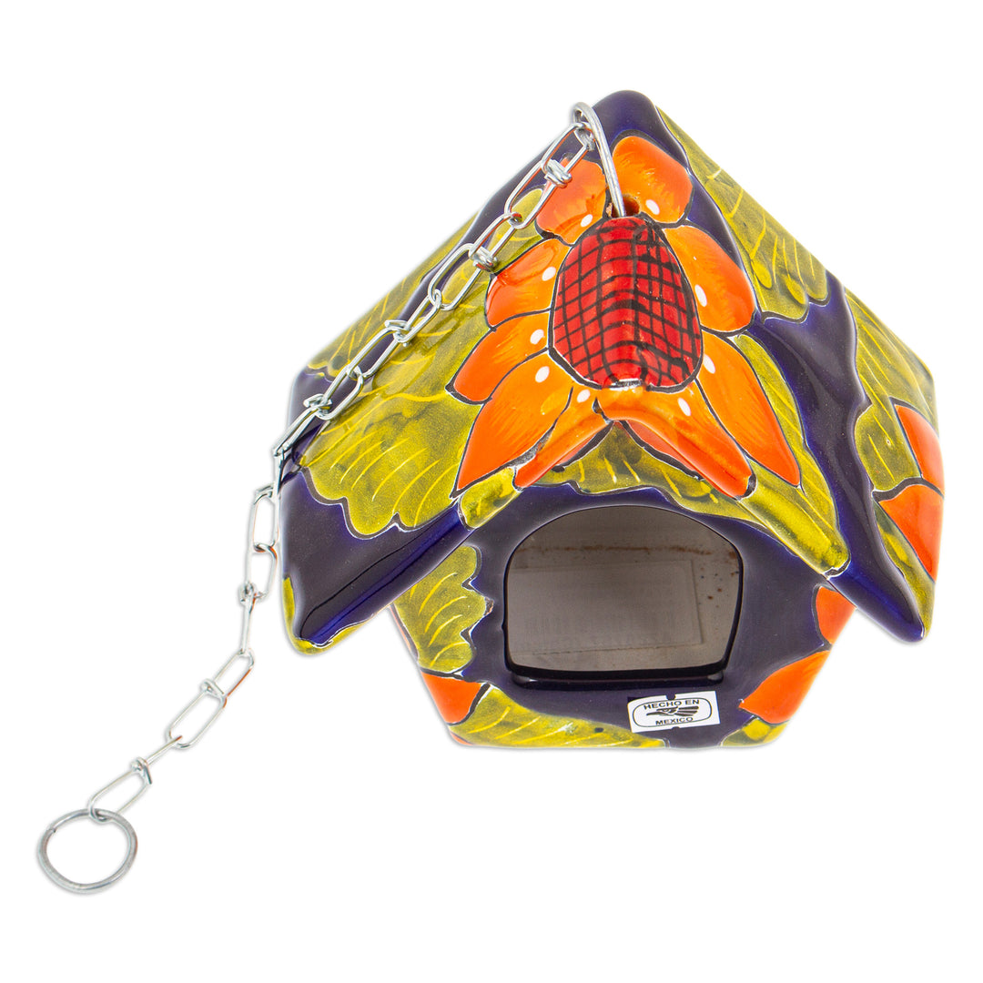 Hand-Painted Talavera Ceramic Bird Feeder in Green and Blue - Lime Arcadia