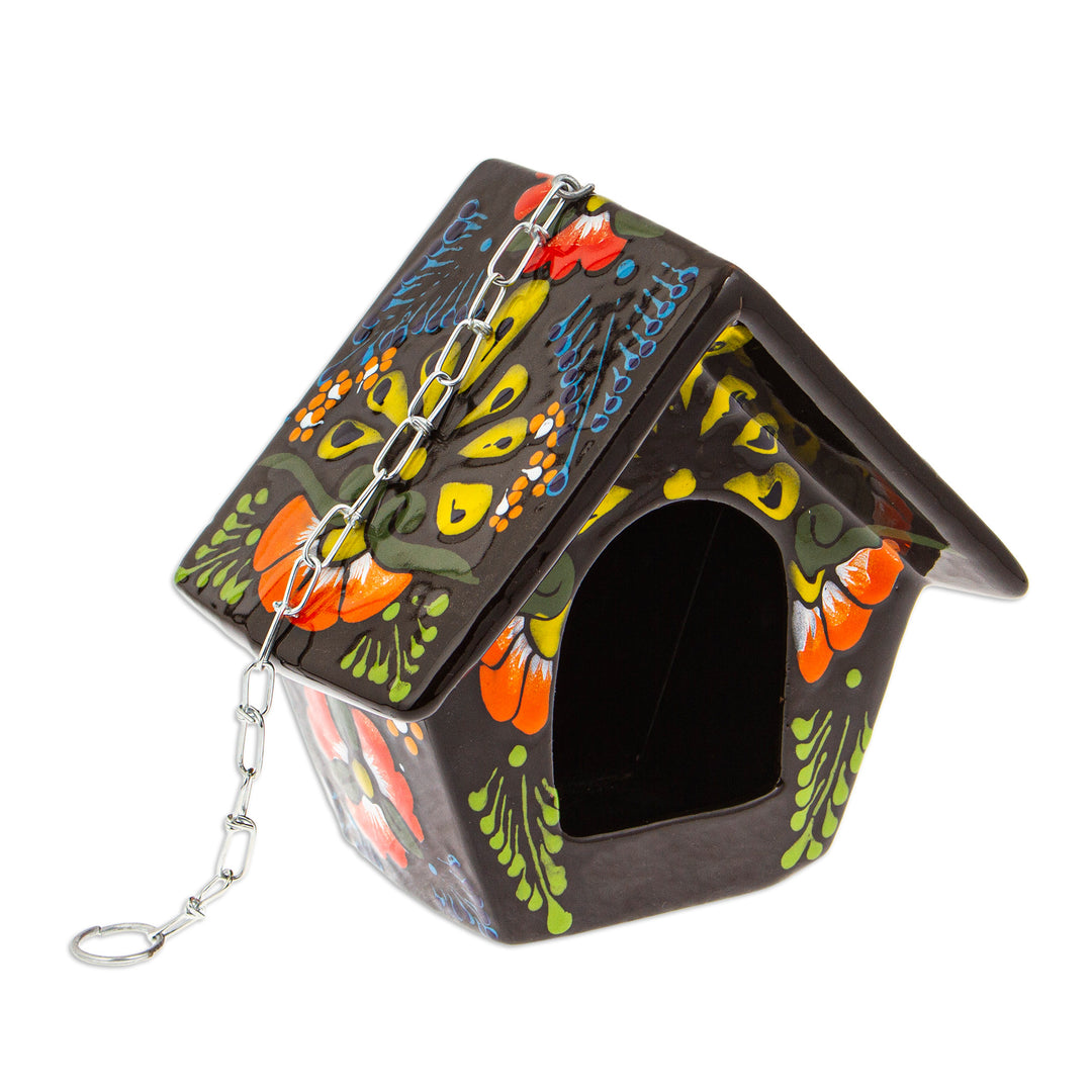 Hand-Painted Talavera Ceramic Bird Feeder in Black - Night Arcadia
