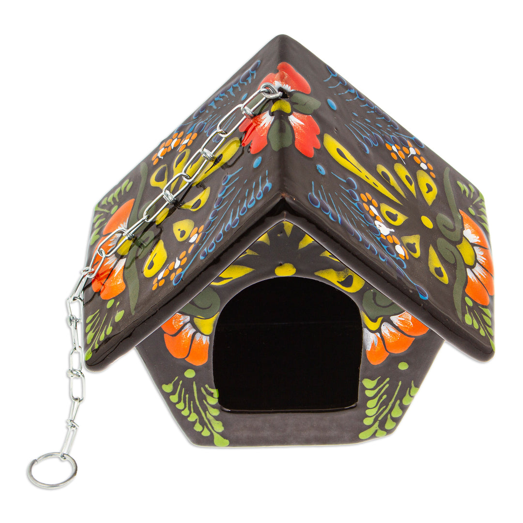 Hand-Painted Talavera Ceramic Bird Feeder in Black - Night Arcadia