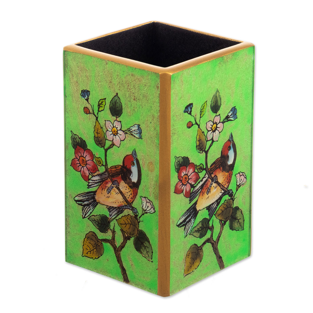 Bird-Themed Reverse-Painted Wood Pen Holder in Green - Spring Prairies