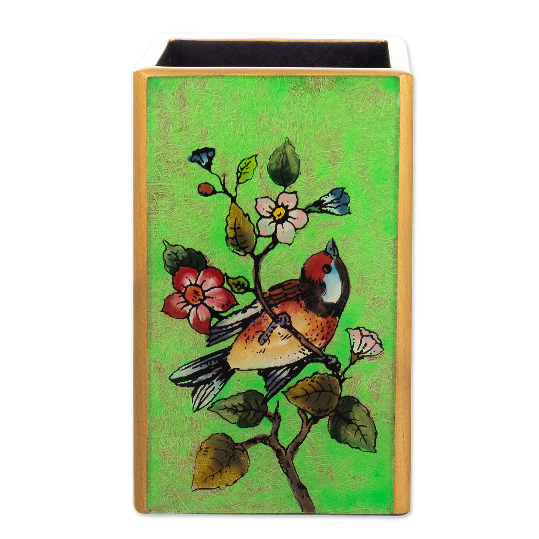 Bird-Themed Reverse-Painted Wood Pen Holder in Green - Spring Prairies