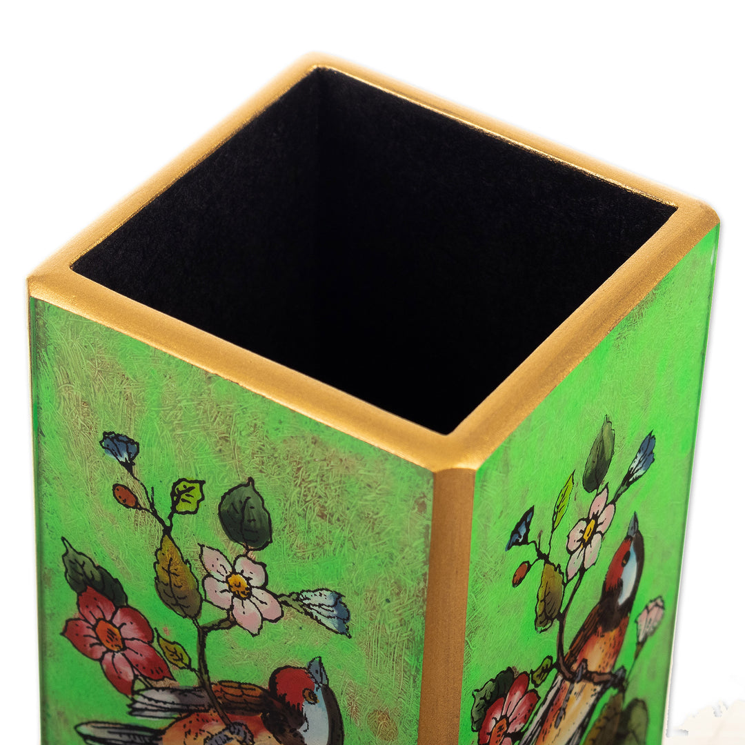 Bird-Themed Reverse-Painted Wood Pen Holder in Green - Spring Prairies