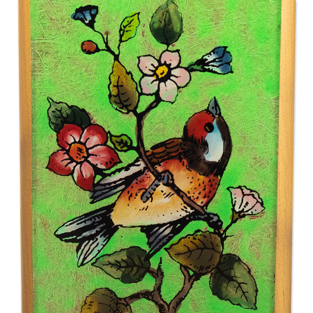 Bird-Themed Reverse-Painted Wood Pen Holder in Green - Spring Prairies