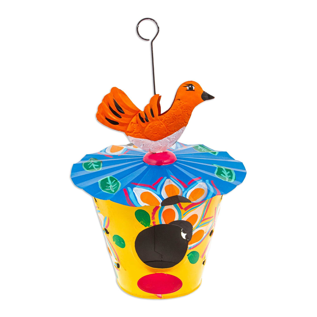 Handcrafted Floral Tin Birdhouse and Feeder with Orange Bird - Dawn Chants