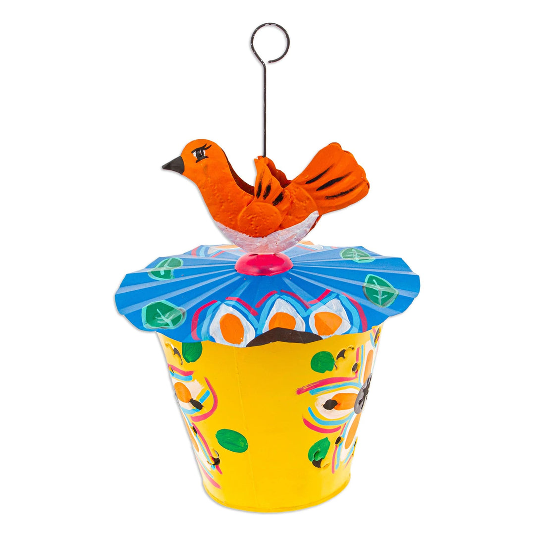 Handcrafted Floral Tin Birdhouse and Feeder with Orange Bird - Dawn Chants