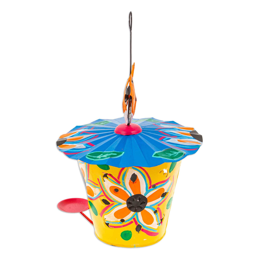 Handcrafted Floral Tin Birdhouse and Feeder with Orange Bird - Dawn Chants