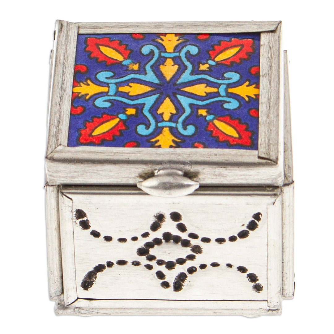 Handcrafted Blue Talavera-Themed Tin and Ceramic Jewelry Box - Twilight Reflections