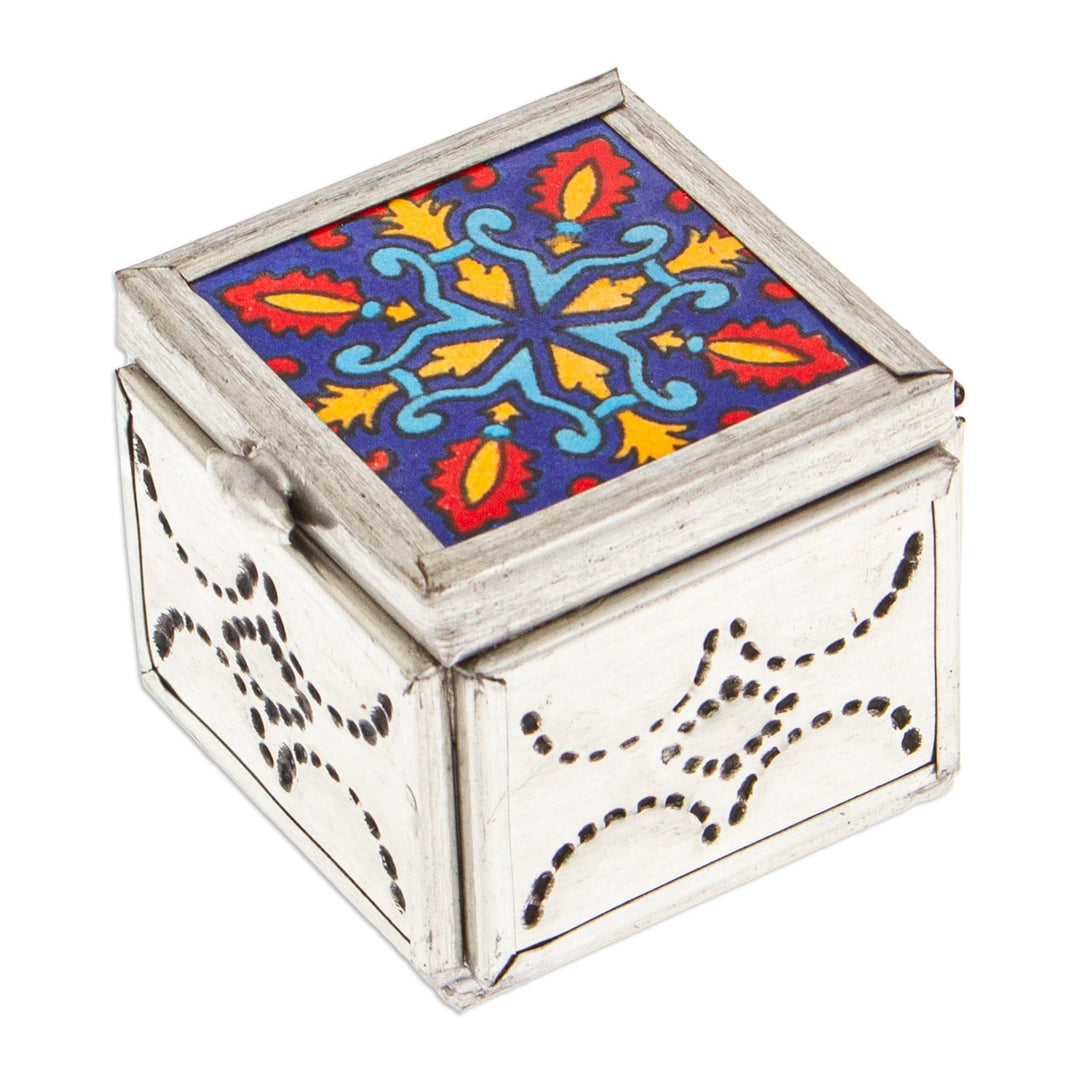Handcrafted Blue Talavera-Themed Tin and Ceramic Jewelry Box - Twilight Reflections