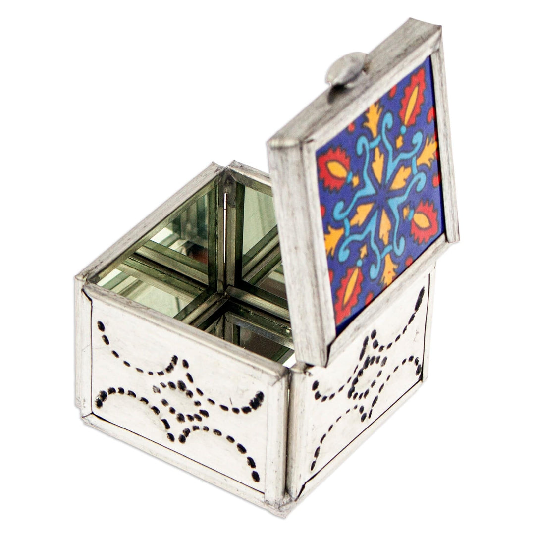 Handcrafted Blue Talavera-Themed Tin and Ceramic Jewelry Box - Twilight Reflections