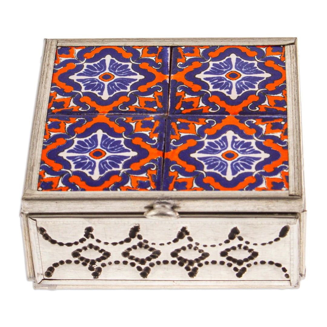 Handcrafted Tin and Ceramic Jewelry Box in Blue and Orange - Twilight Mansion