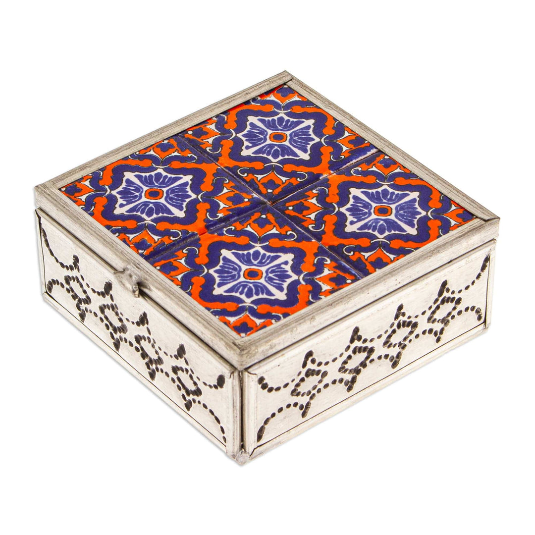 Handcrafted Tin and Ceramic Jewelry Box in Blue and Orange - Twilight Mansion