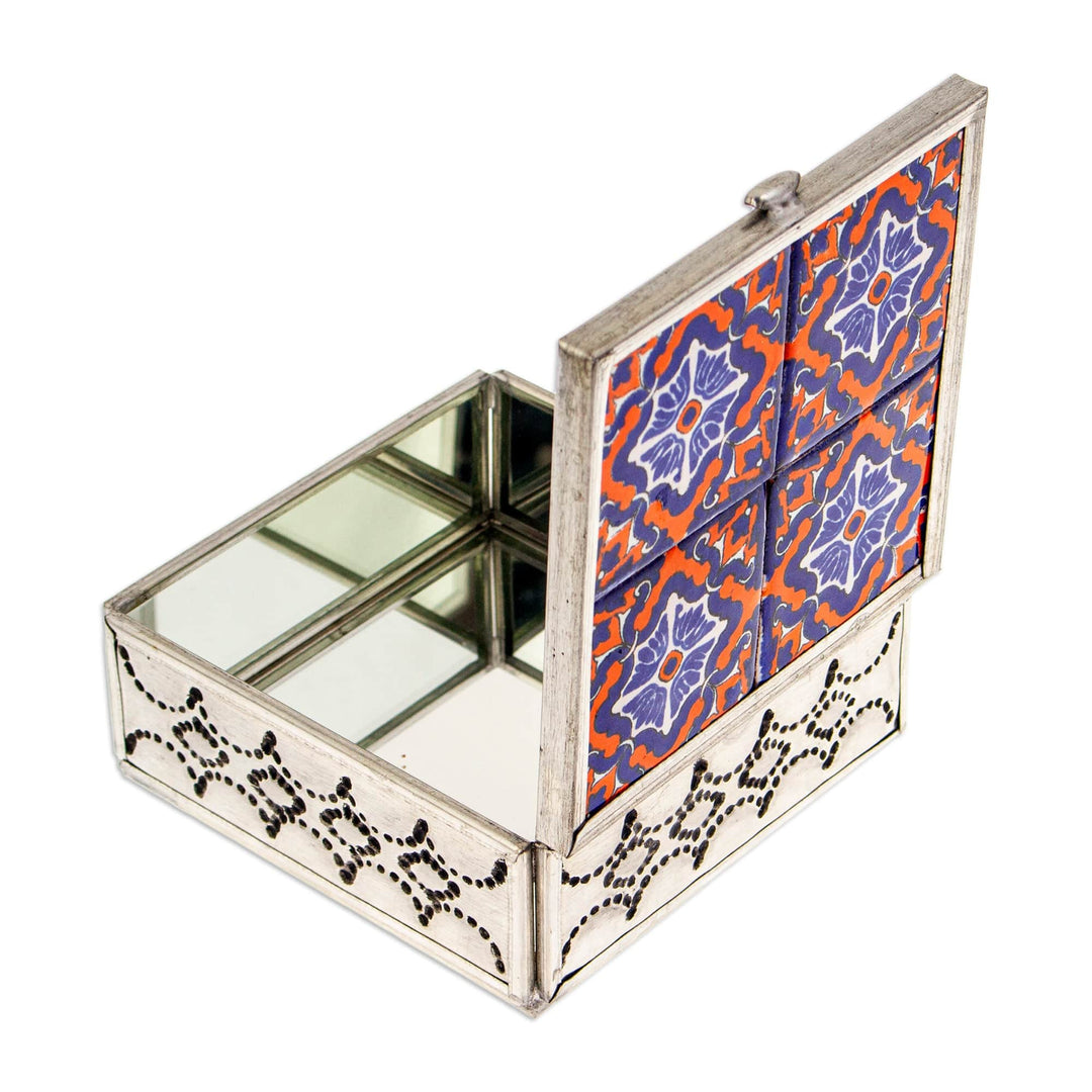 Handcrafted Tin and Ceramic Jewelry Box in Blue and Orange - Twilight Mansion