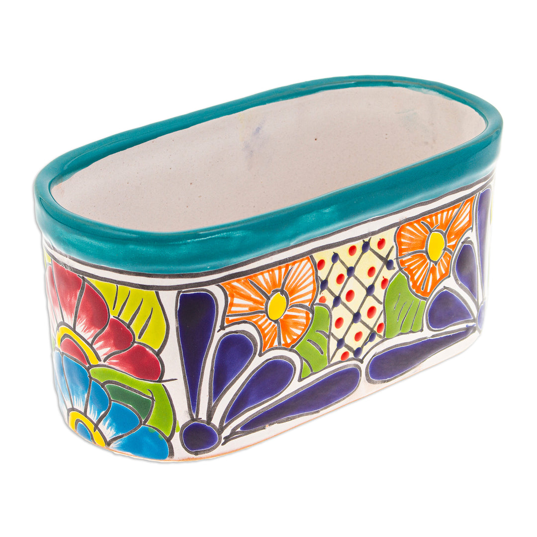 Handcrafted Floral Talavera Ceramic Flower Pot from Mexico - Oblong Hacienda in Teal