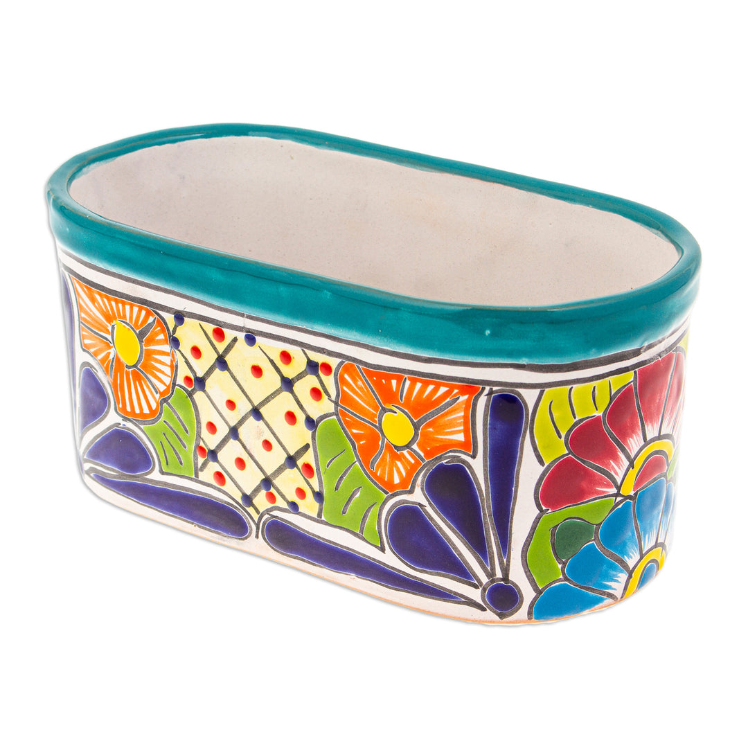 Handcrafted Floral Talavera Ceramic Flower Pot from Mexico - Oblong Hacienda in Teal