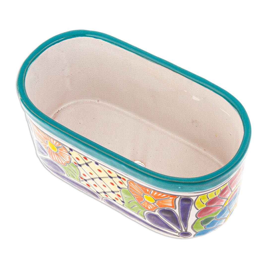 Handcrafted Floral Talavera Ceramic Flower Pot from Mexico - Oblong Hacienda in Teal