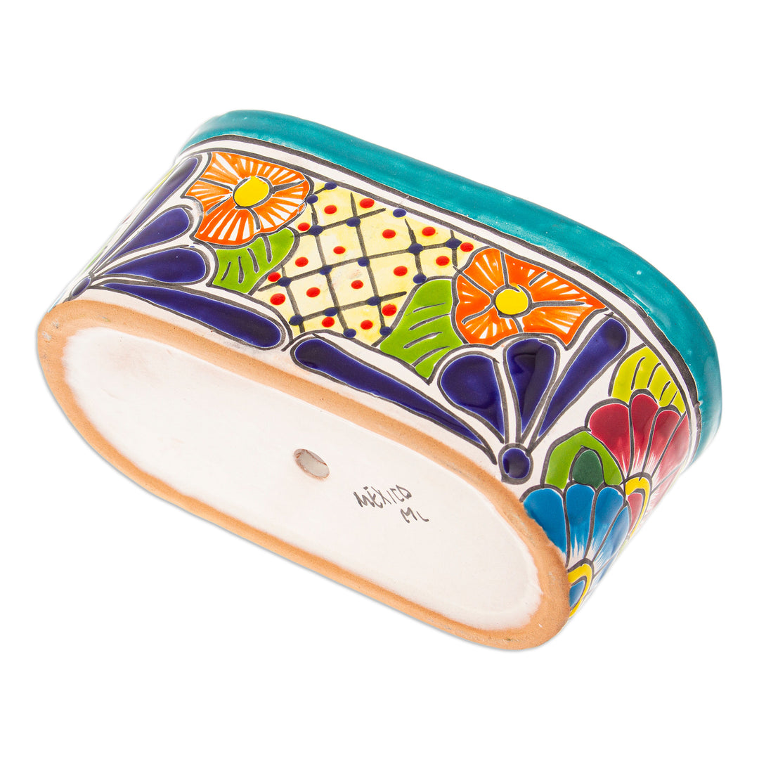 Handcrafted Floral Talavera Ceramic Flower Pot from Mexico - Oblong Hacienda in Teal