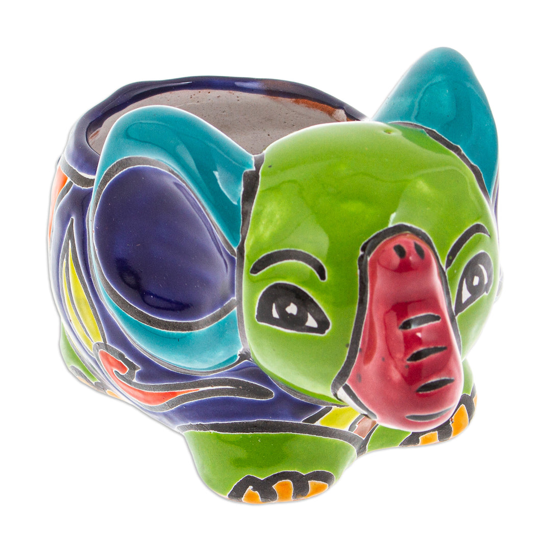 Talavera Elephant-Themed Ceramic Flower Pot in Green Hues - Elephant Customs