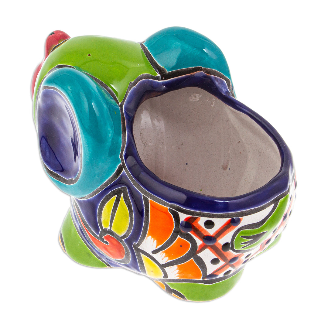 Talavera Elephant-Themed Ceramic Flower Pot in Green Hues - Elephant Customs