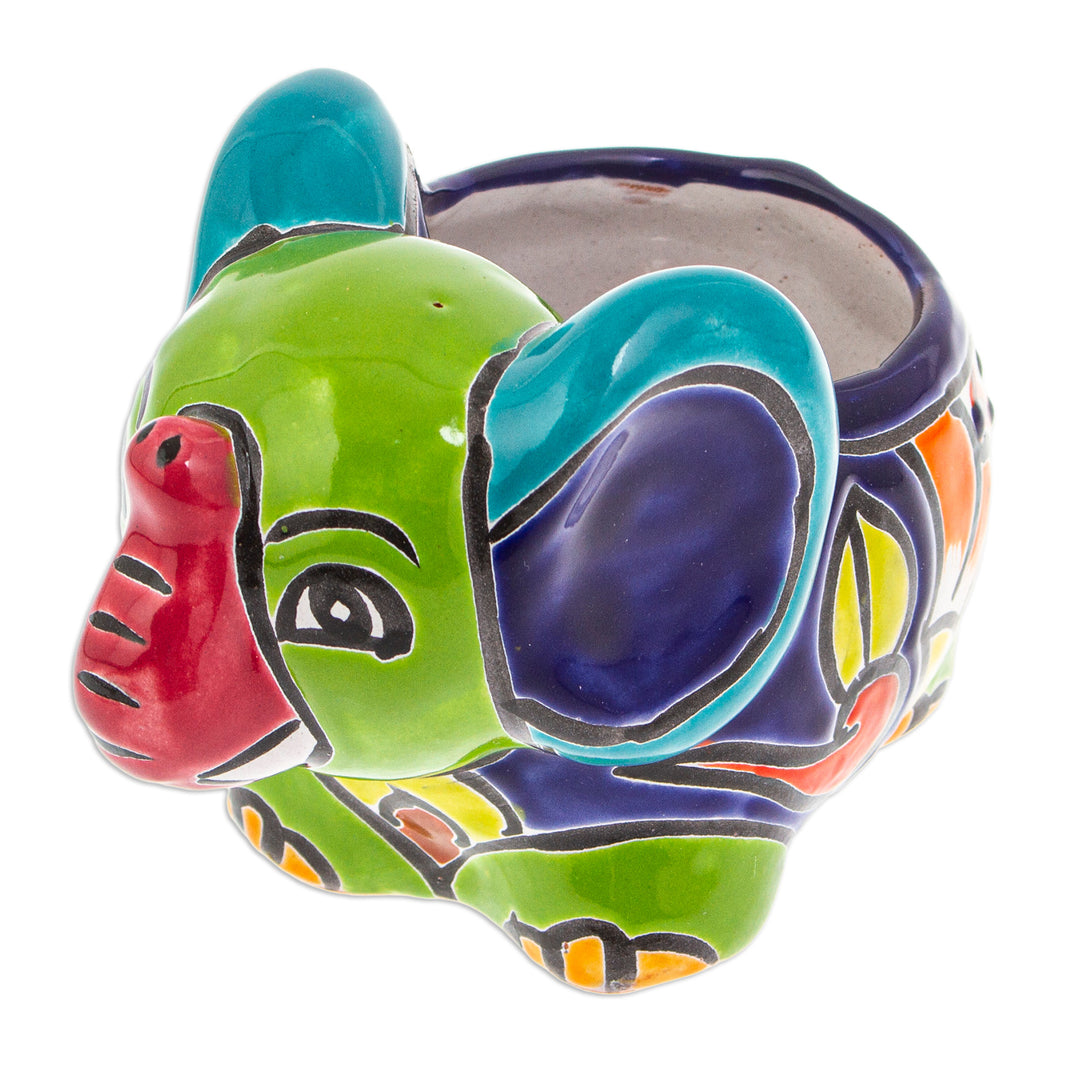 Talavera Elephant-Themed Ceramic Flower Pot in Green Hues - Elephant Customs