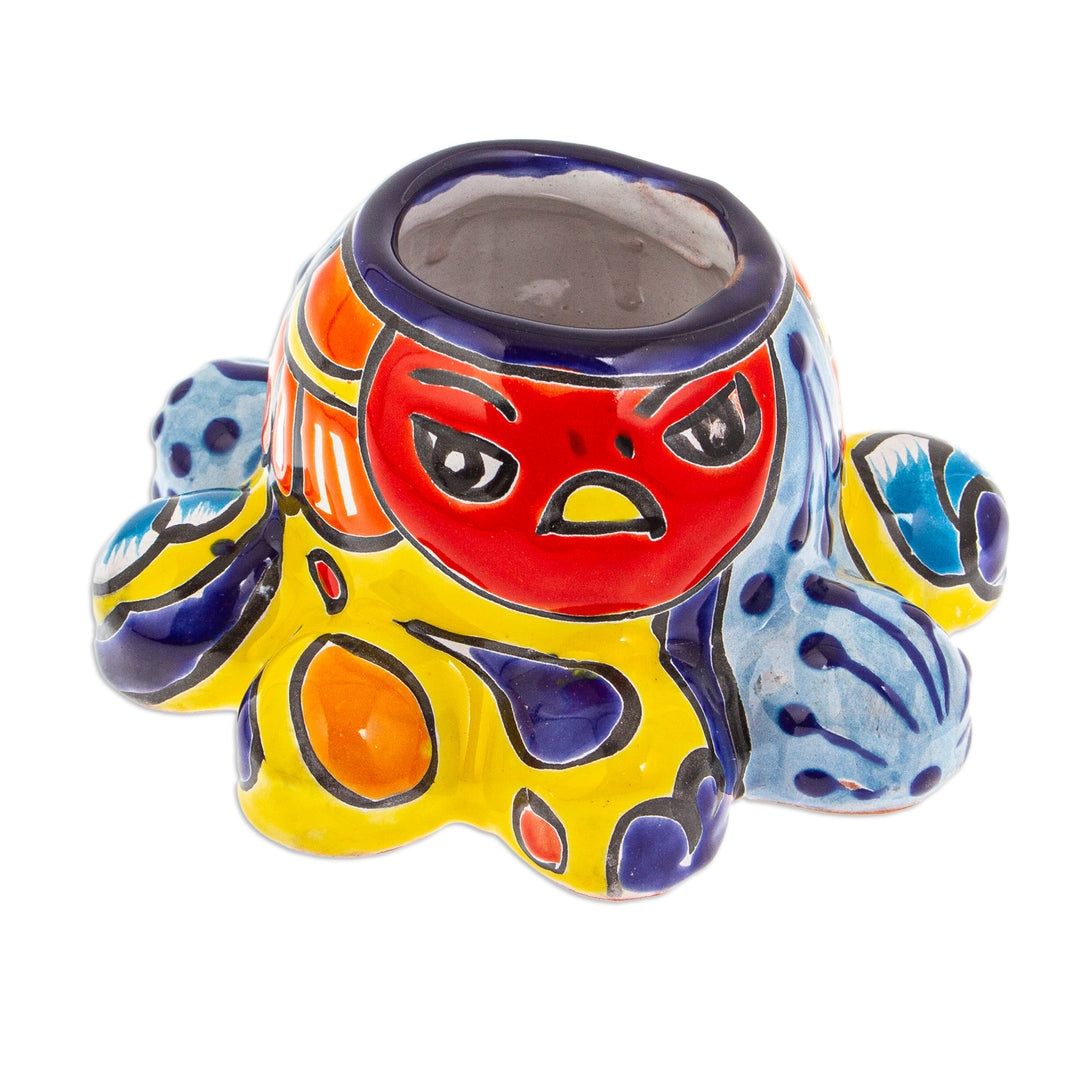 Talavera Octopus-Themed Ceramic Flower Pot in Warm Hues - Marine Hacienda