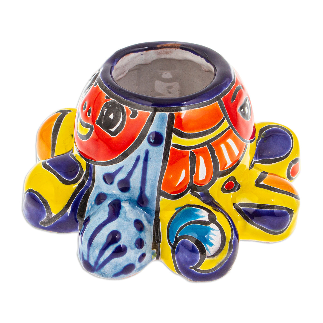 Talavera Octopus-Themed Ceramic Flower Pot in Warm Hues - Marine Hacienda