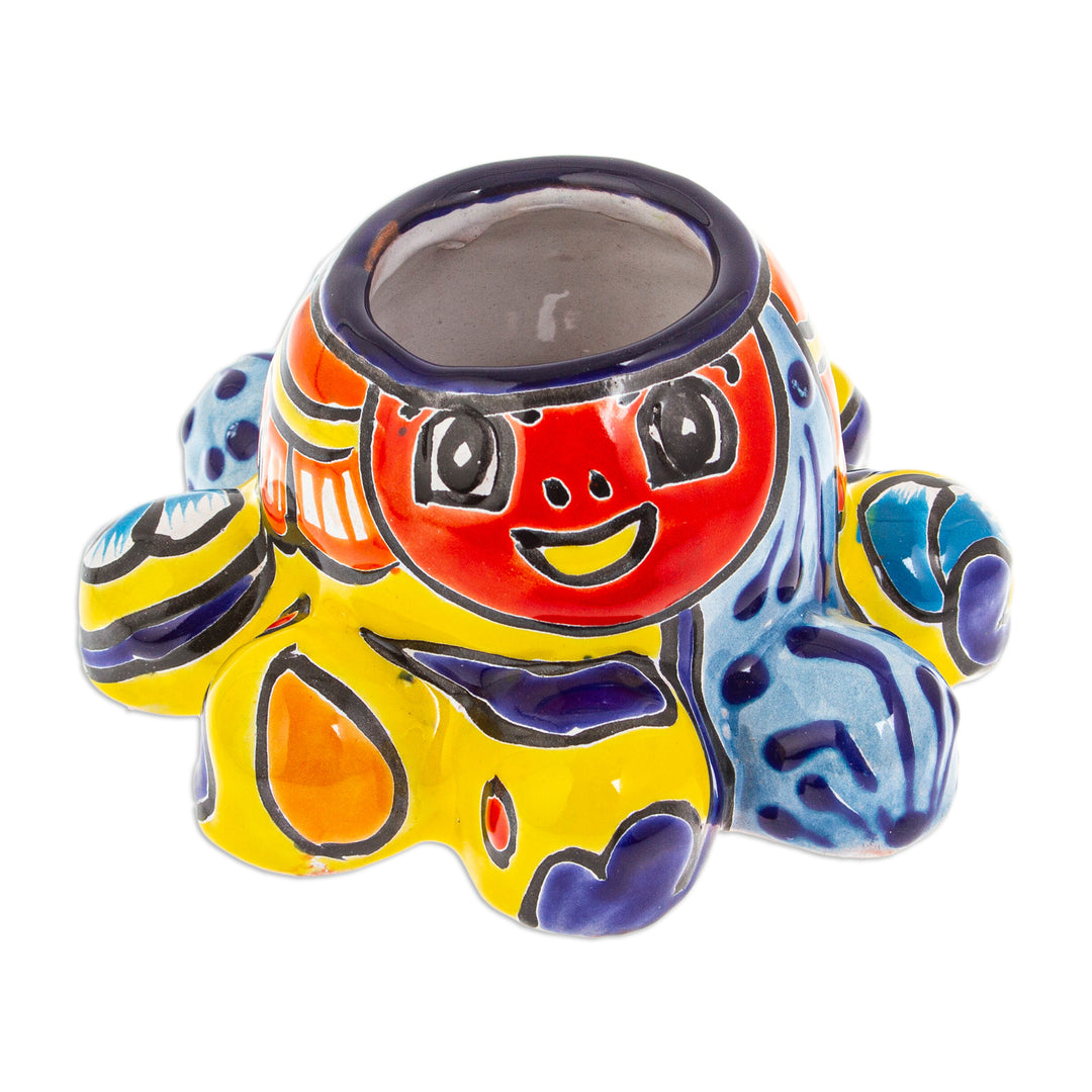 Talavera Octopus-Themed Ceramic Flower Pot in Warm Hues - Marine Hacienda