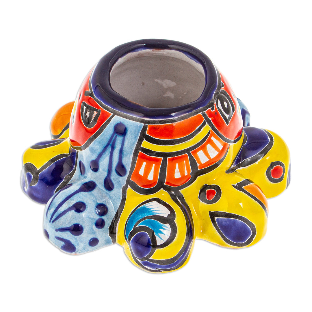 Talavera Octopus-Themed Ceramic Flower Pot in Warm Hues - Marine Hacienda