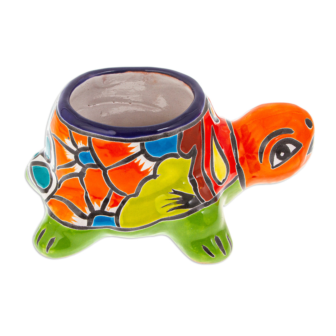 Talavera Turtle-Themed Ceramic Flower Pot in Warm Hues - Festive Shell
