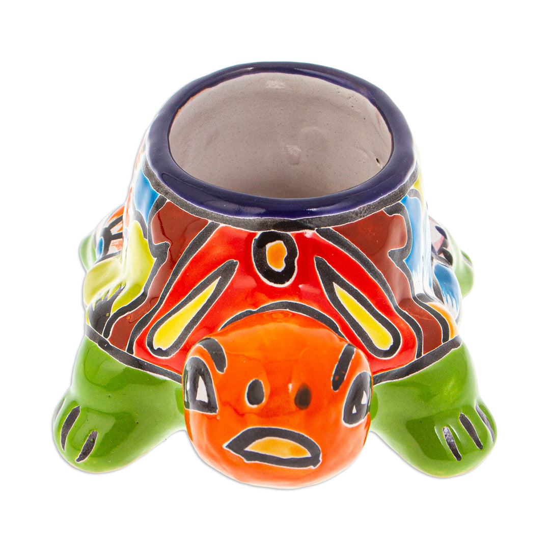 Talavera Turtle-Themed Ceramic Flower Pot in Warm Hues - Festive Shell