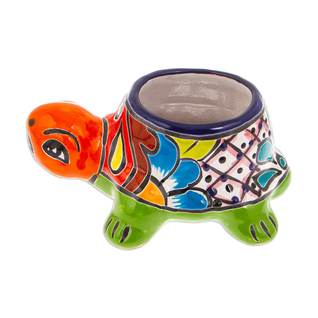 Talavera Turtle-Themed Ceramic Flower Pot in Warm Hues - Festive Shell