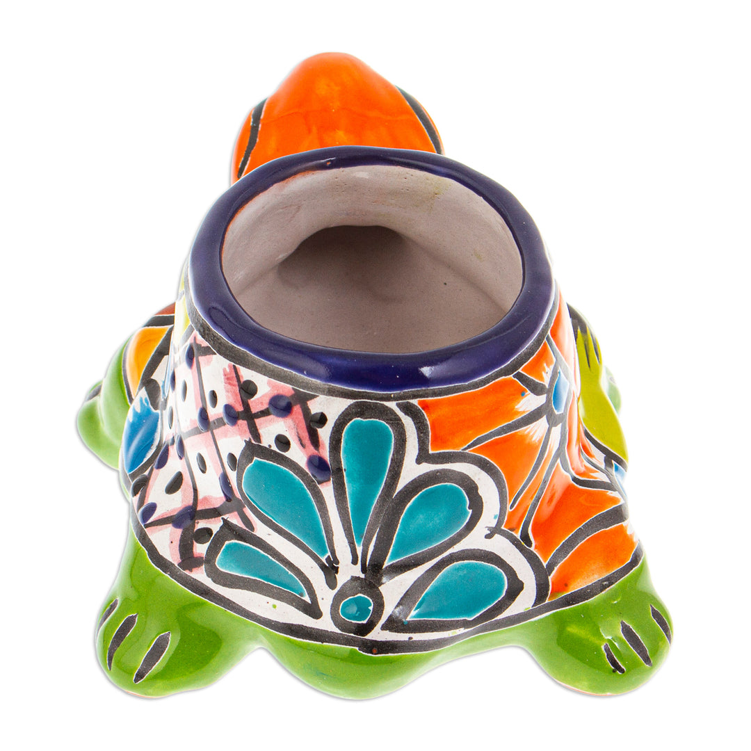 Talavera Turtle-Themed Ceramic Flower Pot in Warm Hues - Festive Shell