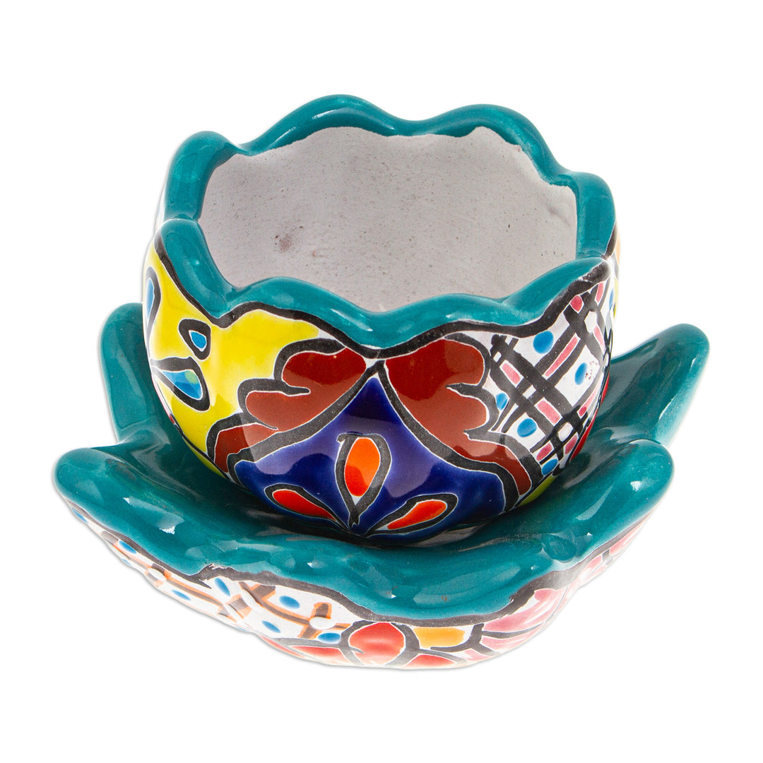 Handcrafted Floral Ceramic Pot with Saucer in a Teal Hue - Talavera Eden in Teal