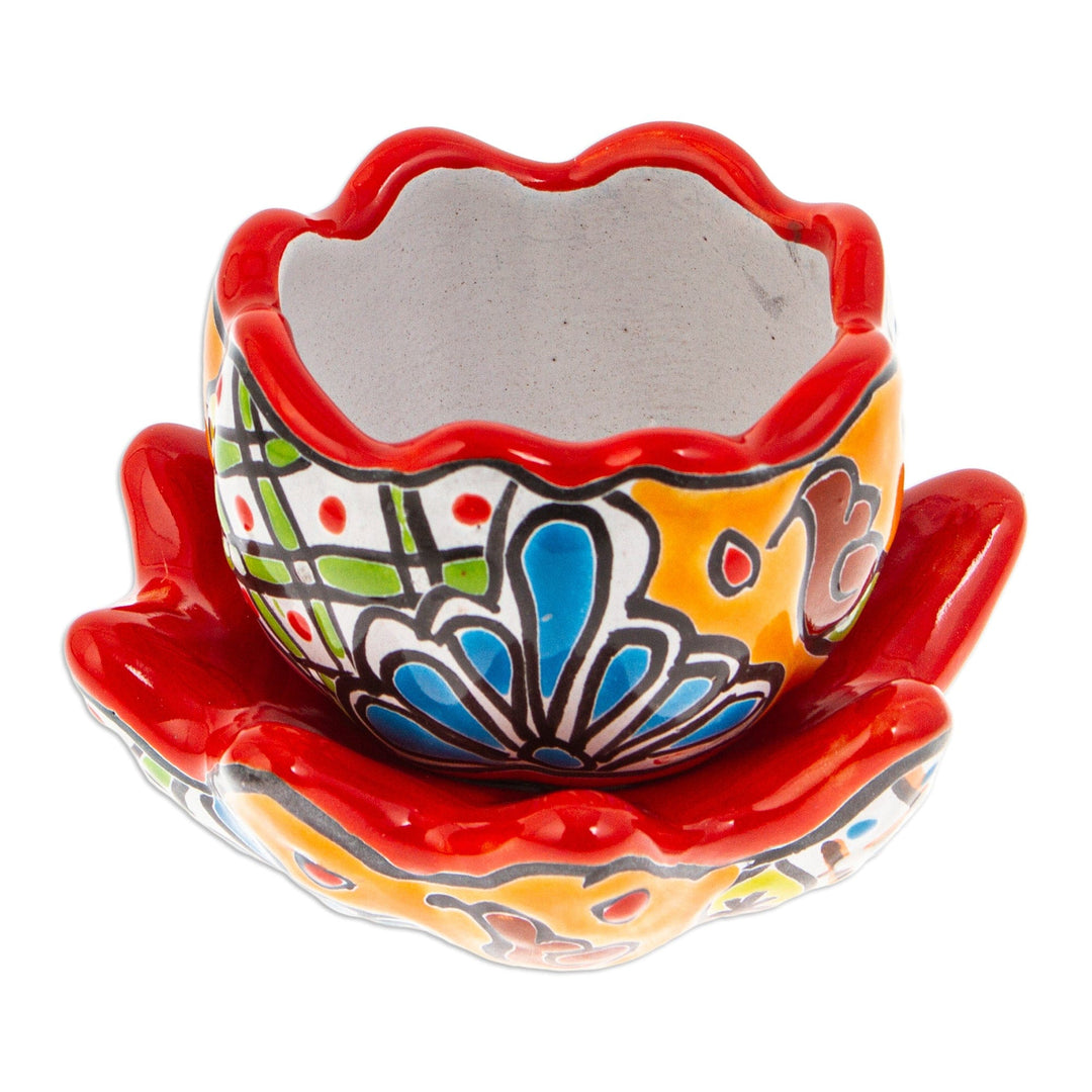 Handcrafted Floral Ceramic Pot with Saucer in Strawberry - Talavera Eden in Strawberry