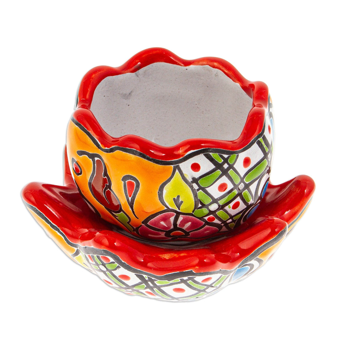 Handcrafted Floral Ceramic Pot with Saucer in Strawberry - Talavera Eden in Strawberry