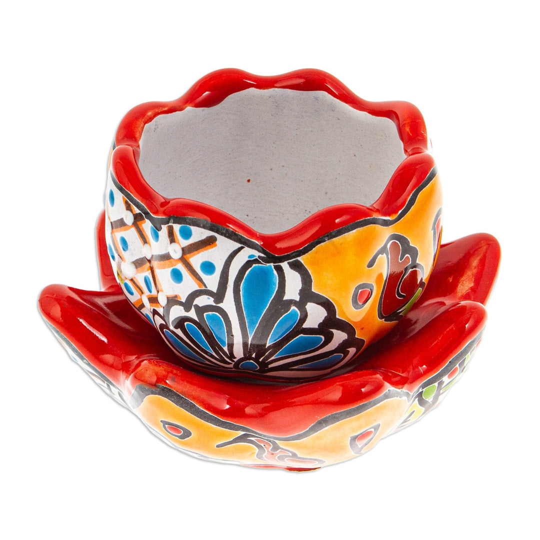 Handcrafted Floral Ceramic Pot with Saucer in Strawberry - Talavera Eden in Strawberry