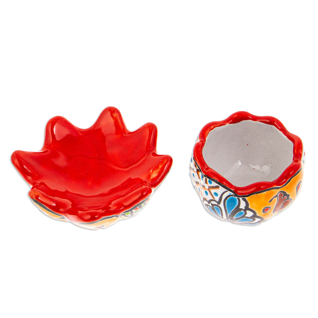 Handcrafted Floral Ceramic Pot with Saucer in Strawberry - Talavera Eden in Strawberry
