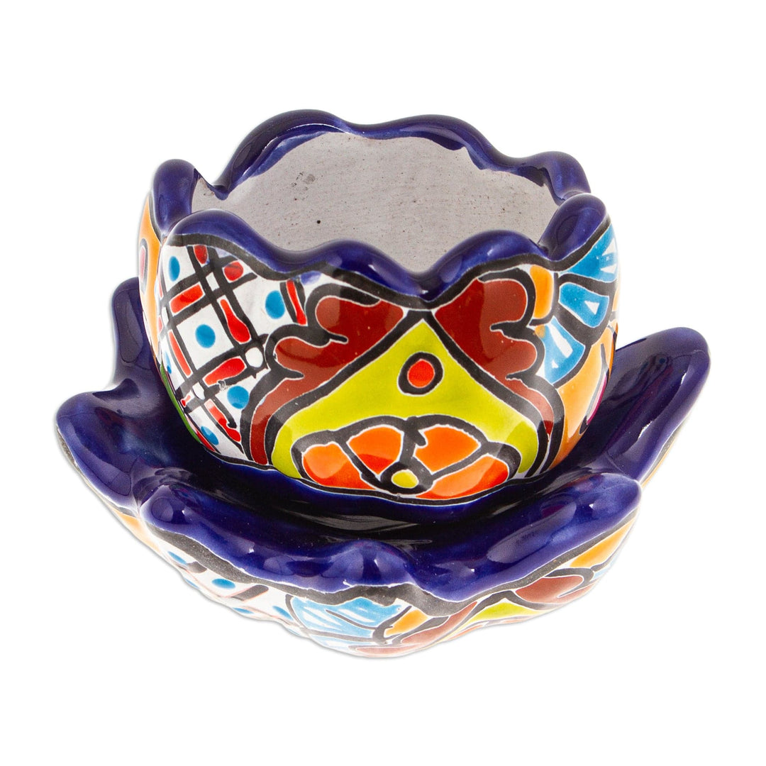 Handcrafted Floral Ceramic Pot with Saucer in an Indigo Hue - Talavera Eden in Indigo
