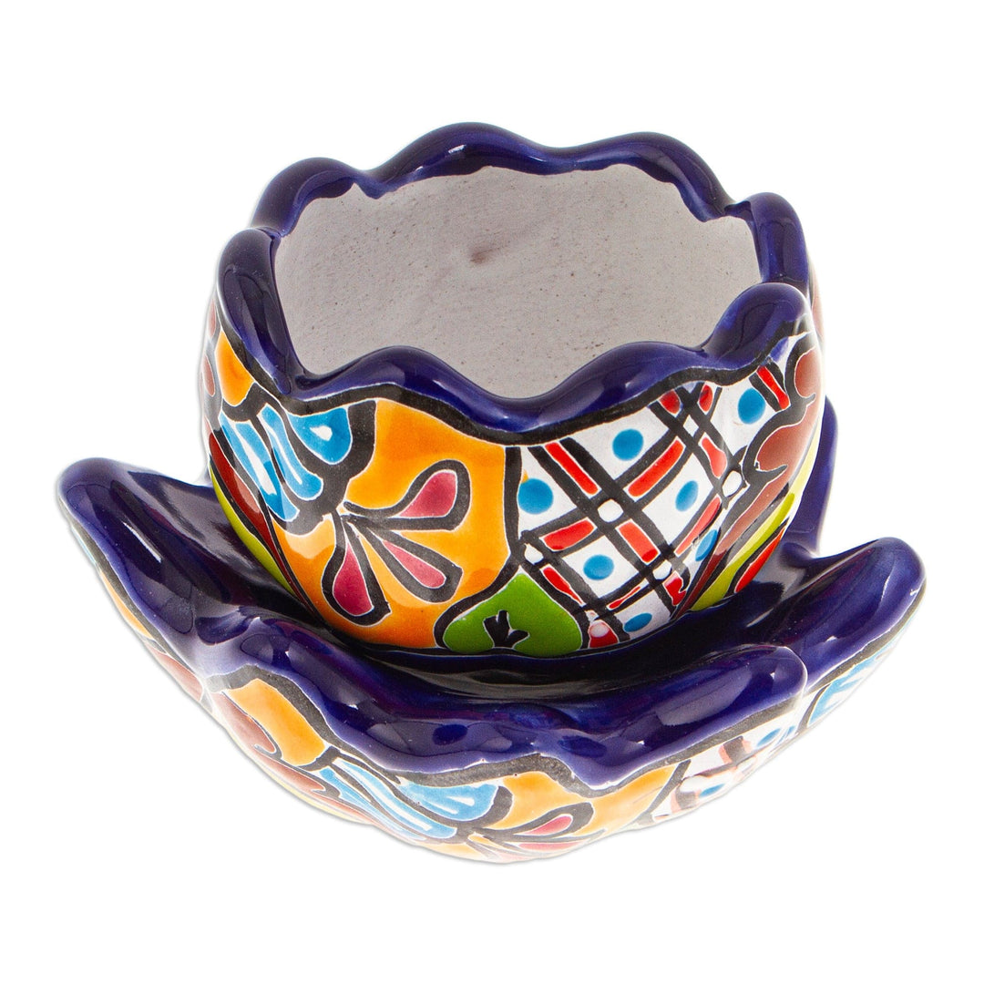 Handcrafted Floral Ceramic Pot with Saucer in an Indigo Hue - Talavera Eden in Indigo