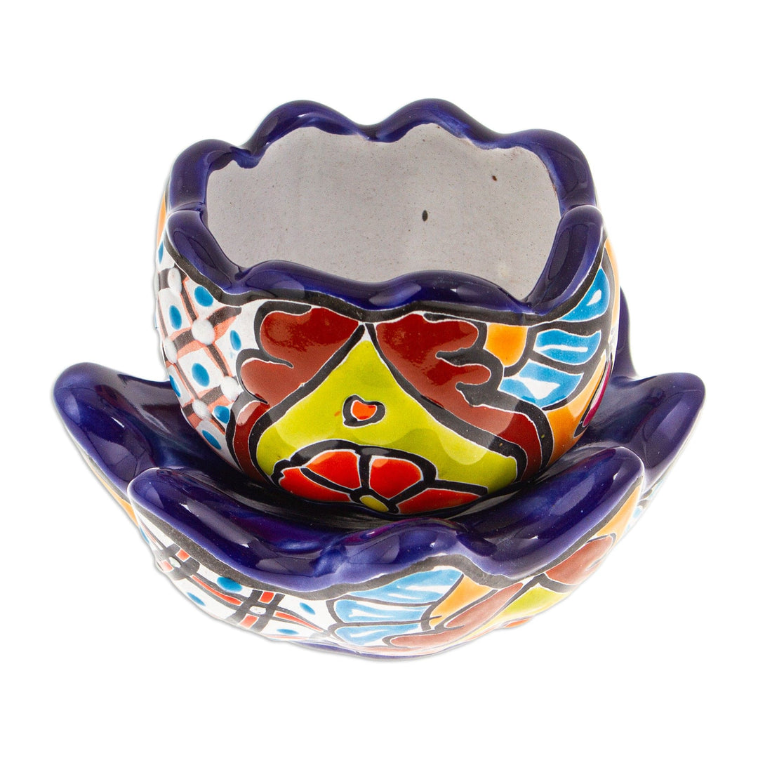 Handcrafted Floral Ceramic Pot with Saucer in an Indigo Hue - Talavera Eden in Indigo
