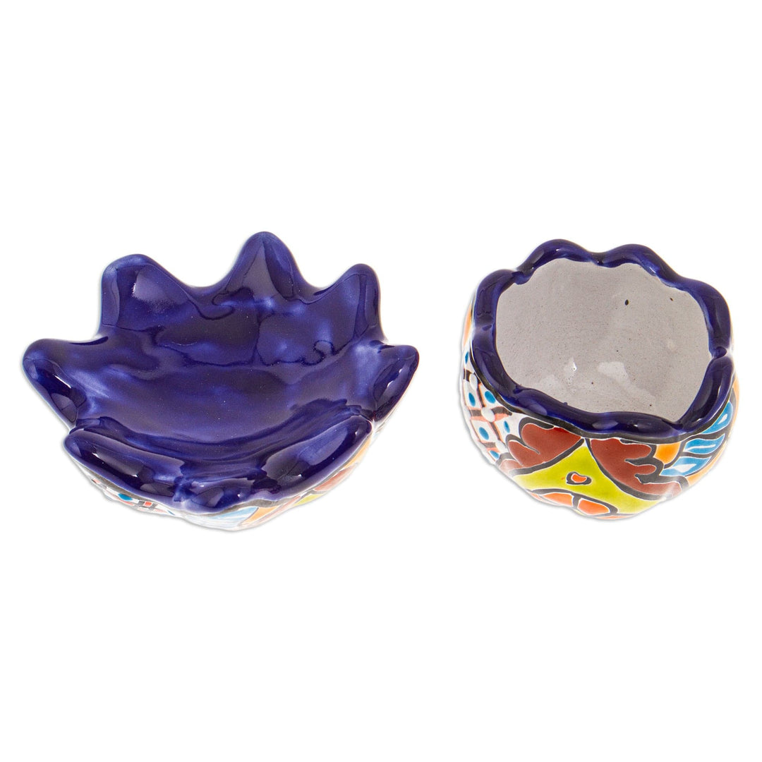 Handcrafted Floral Ceramic Pot with Saucer in an Indigo Hue - Talavera Eden in Indigo