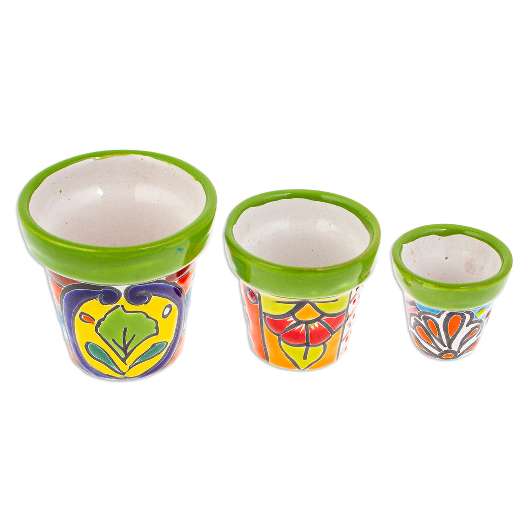 Set of 3 Hand-Painted Talavera Ceramic Flower Pots in Kiwi - Flourishing Flora