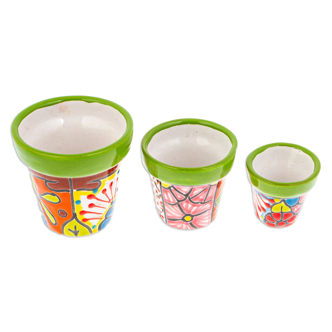 Set of 3 Hand-Painted Talavera Ceramic Flower Pots in Kiwi - Flourishing Flora