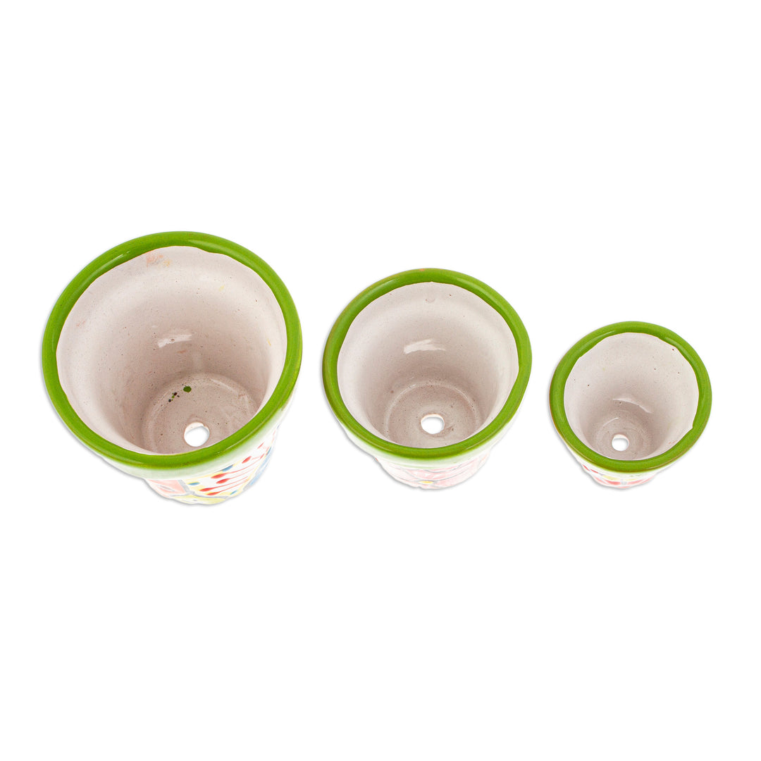 Set of 3 Hand-Painted Talavera Ceramic Flower Pots in Kiwi - Flourishing Flora