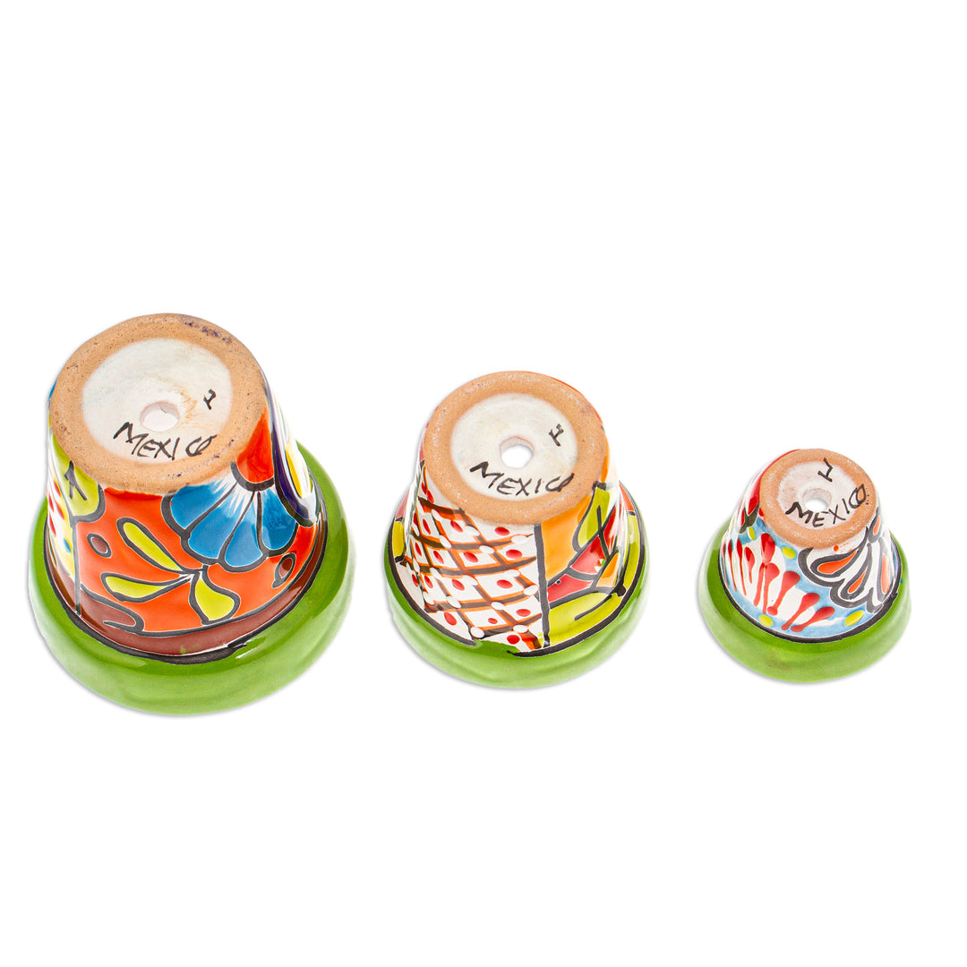 Set of 3 Hand-Painted Talavera Ceramic Flower Pots in Kiwi - Flourishing Flora