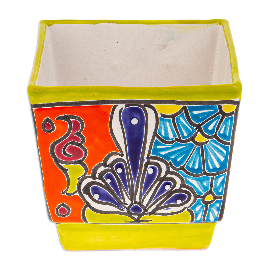 Talavera Chartreuse Ceramic Flower Pot Handcrafted in Mexico - Hacienda Scenes in Chartreuse