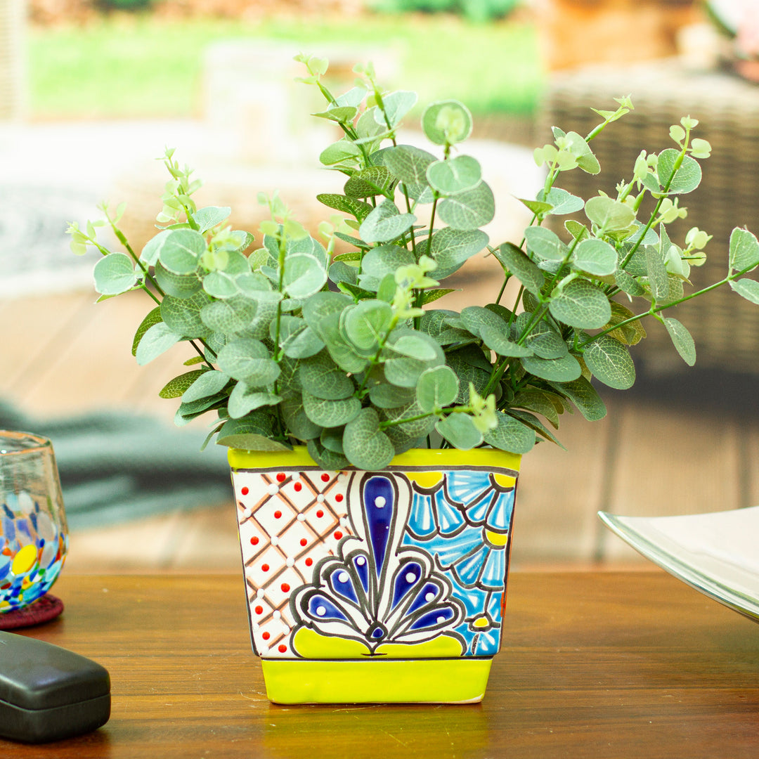 Talavera Chartreuse Ceramic Flower Pot Handcrafted in Mexico - Hacienda Scenes in Chartreuse