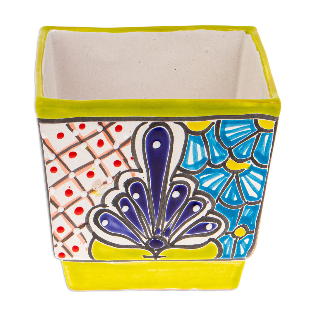 Talavera Chartreuse Ceramic Flower Pot Handcrafted in Mexico - Hacienda Scenes in Chartreuse